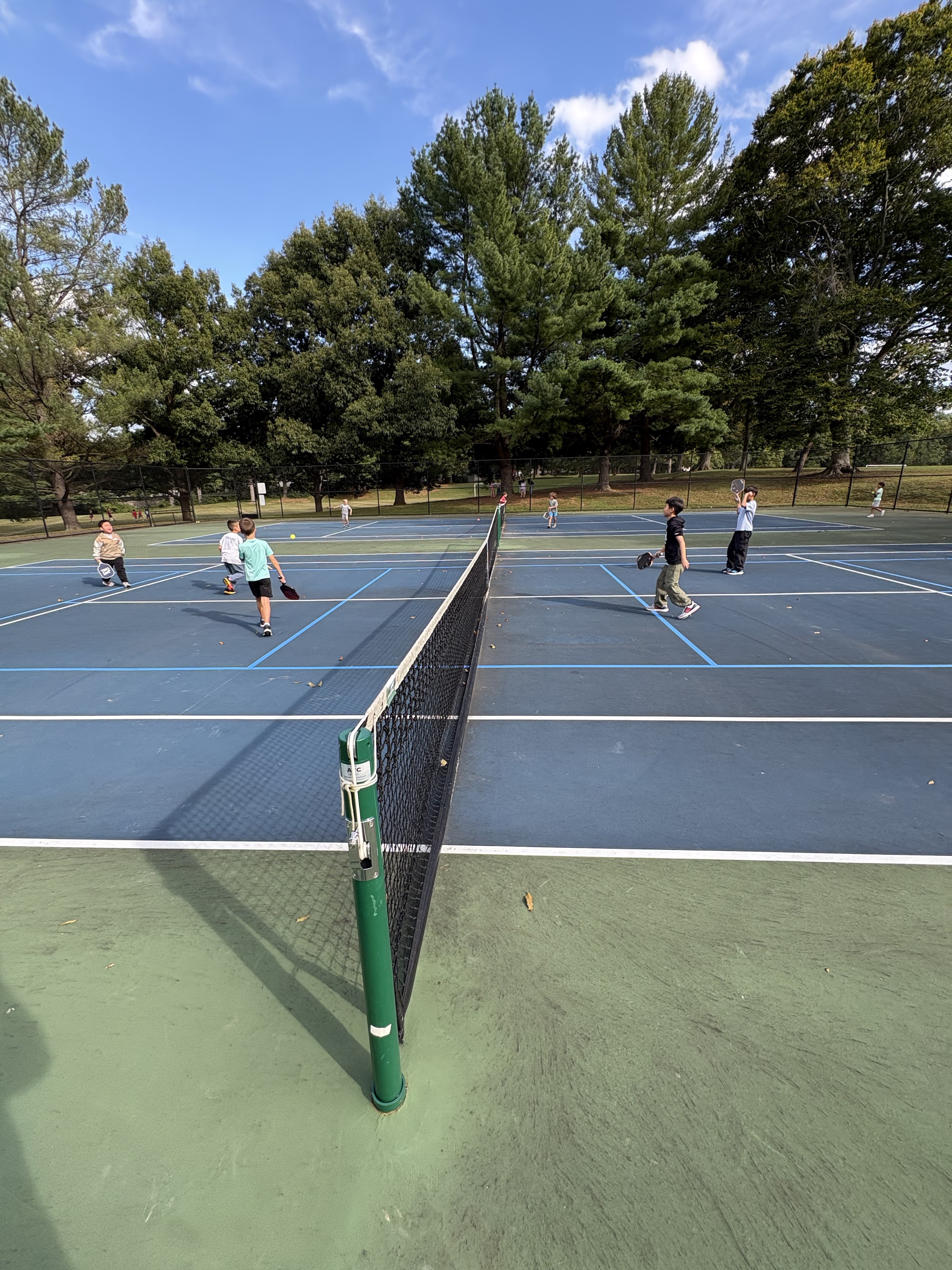 Players sharing outdoor courts surrounded by trees